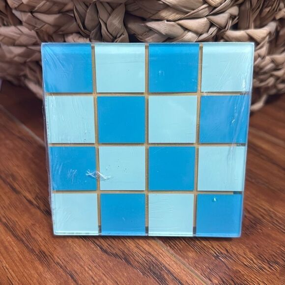 NWT Bullseye’s Playground Square Drink Coasters (4) Count Blue Checkered - Picture 2 of 5